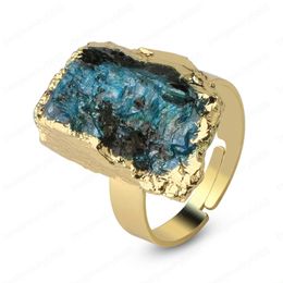 Natural Stone Gold-color Adjustable Ring Irregular Black Tourmaline Blue Crystal Finger Rings for Women Trendy Jewelry