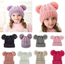 Kid Knit Crochet Beanies Hat Girls Soft Double Balls Winter Warm Hat 13 Colours Outdoor Baby Pompom Ski Caps GB1559