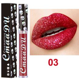 CmaaDu Skull Style Shimmer Shining Lip Gloss Long Wear Moisturizer Diamond Glitter Liquid Lipstick Beauty Makeup KitCmaaDu Gliter Metallic L