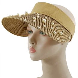 New Spring Summer Visors Cap Foldable Wide Large Brim Sun Hat Beach Hats for Women pearl Straw Hat Chapeau