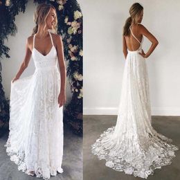 Romantic Spaghetti Straps Criss Cross Open Back Lace Wedding Dress Elegant Country Style Beach Boho Bohemian Bridal Wear with Sweep Train