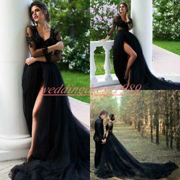 Elegant Black Gothic Split Country Wedding Dresses Sheer Lace Long Sleeve Arabic Formal Vestido de novia Bridal Gown Plus Size Bride Ball