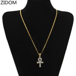 high quality Gold Colour hip hop Egyptian Ankh Key cross pendant necklace with 24inch long cuban link chain for unisex Jewellery