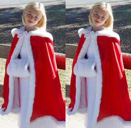 New Cheap Red Hooded Flowers Girls Cape For Wedding Cloaks Christmas White Ivory Faux Fur Winter Wedding Jacket Wraps Free Shipping Long