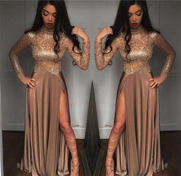 2019 African Gorgeous Beaded Champagne Sequined Evening Dresses Long Sleeves Prom Gowns Vestidos Special Occasion Dresses Evening Wear