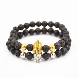 Silver Gold Colour 8MM Natural Black Lava Stone Spartan helmet Bracelet DIY Aromatherapy Essential Oil Diffuser Bracelet for women Men