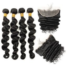 Ishow Indian Loose Deep Human Hair Bundles with Closure Kinky Curly Straight 3/4 Pcs with Lace Frontal Peruvian Body Wave for Women All Ages Jet Black Colour 8-28inch