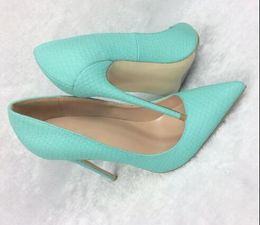 Hot Sale- fashion women pumps Mint Green snake printed point toe high heels thin heel shoes genuine leather real photo wedding shoes