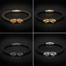 Mens Black Genuine Leather Braided Bracelet Men Stainless Steel For Women Gold North Skull Bangle For Women Men Bracelets