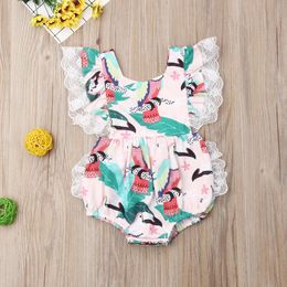 Cute Baby Girls Princess Romper Fashion Flower Printed Lace Sleeveless Infant Jumpsuit Toddler Backless Onesie C5715