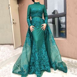 emerald long sleeve prom dress UK - 2019 Emerald Green Muslim Evening Dresses high neck Long Sleeves Lace Appliques Detachable Train Dubai Saudi Arabic Evening Gown Prom Dress