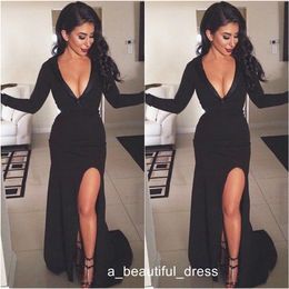 Sexy V Neck Black Long Sleeves Side Slit Evening Dresses Mermaid Prom Dress Formal Women Party Gowns ED1249
