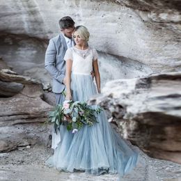 2020 cheap Sky Blue Lace Bride Dress Short Sleeves A-line Romantic Wedding Dress vestidos de novia 2019 Cheap High Quality Wedding Gown