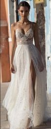 2018 Gali Karten Beach Wedding Dresses Side Split Spaghetti Illusion Sexy Boho Wedding Gowns Sweep Train Pearls Backless Bohemian Bride