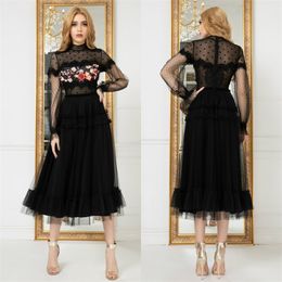 Black Formal A-line Party Gown High-neck Long Sleeve Dot Appliqued Lace Tiered Evening Dress Ruched Tulle Sweep Train Prom Dress