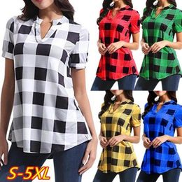 Buffalo Cheque Shirts Plaid V-Neck T-shirts Women Short Sleeve Tops Grid Casual Pullover T-Shirt Girls Plus Size Tees Blouses Blusas C7309