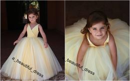 Cute Light Yellow Flower Girls Dresses For Weddings Princess Sleeveless v-Neck Floor Length Little Kids Holy First Communion Dresses FG1239