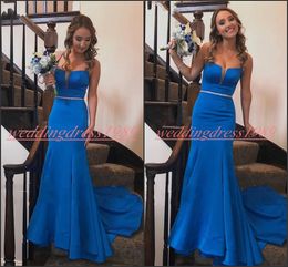 Charming Satin Arabic Mermaid Evening Dresses 2020 Royal Blue Plus Size Formal Prom Gowns Occasion Sleeveless Juniors Party Wear Pageant
