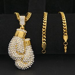 Stainless Steel Hands Pendant Mens Hip hop Jewellery Bling Rhinestone Crystal Golden Pendant Necklace Cuban Chain