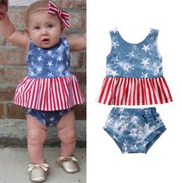 Bebek Giysileri Setleri Yıldız Çizgili Bebek Yelek Kısa 2 ADET Setleri Kolsuz Bebek Kız Kıyafetleri Bağımsızlık Günü Bebek Giyim YW3052