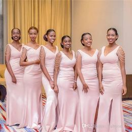 South African Summer Pink Mermaid Bridesmaids for Weddings V Neck Beadings Pearls String Maid of Honour Gowns Plus Size Dress