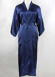 Navy Blue Chinese Men Silk Long Robe Rayon Kimono Bath Gown Sleepwear With Bandage Nightgown Pyjama Size S M L XL XXL XXXL S0027