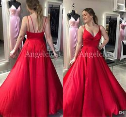 Red Cheap Simple A Line Prom Dresses Backless Spaghetti Straps Pleats Formal Dress Evening Gowns Special Ocn Vestidos De Noiva ogstuff