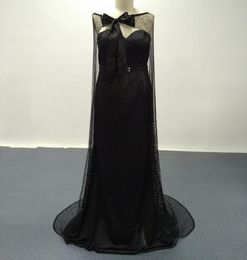 2023 New Sexy Black Evening Dresses Real Images Blingbling with Bowtie Cape Sweep Train Evening Gowns Vestidos de 867