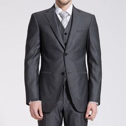 New Custom Made Two Button Side Slit Grey Groom Tuxedos Notch Lapel Groomsmen Best Man Wedding Prom Dinner Suits (Jacket+Pants+Vest+Tie) 146