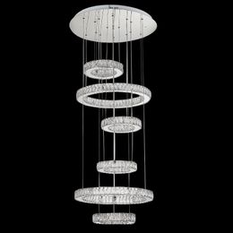 Luxury Modern LED Crystal Chandeliers Long Indoor Staircase Crystal Lighting 6 Rings Round Ceiling Light Fixtures
