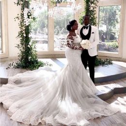 South African Plus Size Wedding Dresses With Sheer Neck Lace Illusion Long Sleeves Bridal Gowns vestido de novia Mermaid Wedding Dress