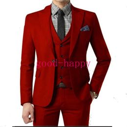 Brand New Groom Tuxedos Red Man Wedding Tuxedos Peak Lapel Slim Fit Men Jacket Blazer Popular 3 Piece Suit(Jacket+Pants+Tie+Vest) 83