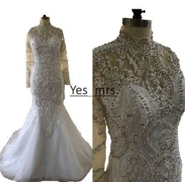 New Robe De Marriage Long Sleeves Mermaid Wedding Dresses High Neck Lace Applique Crystal Saudi Arabic Bridal Gowns Court Train