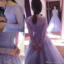New Cheap Purple Lace Evening Prom Dresses Bateau Neck Long Sleeves Beaded Tiered A Line Tulle Floor Length Formal Evening Party Gowns