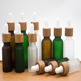 10ml 15ml 20ml 30ml Frosted Clear Glass Dropper Bottle with Bamboo Lid Cap Essential Oil Glass Bottle Frosted Green F302