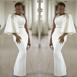 2022 Evening Dresses Pure White One Shoulder Half Sleeve Mermaid Formal Beading African Dubai Women Long Sheath Prom Gown Robe De Soiree