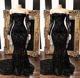 Sexy Black Off The Shoulder Mermaid Prom Dresses Long Sleeve Zipper Sweep Strain Sequined Formal Party Dress Evening Gowns