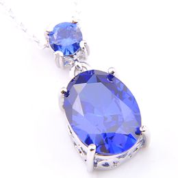 Luckyshine 10 pcs/lot Party Holiday Jewelry Gift Fashion Oval Swiss Blue Topaz Gemstone 925 Silver Necklaces Zircon Pendant For Women