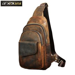 Hot Sale Men Crazy Horse Leather Casual Fashion Chest Sling Bag 8" Tablet Design One Shoulder Bag Cross body Bag Male 8013-d