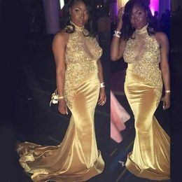 Prom African Gold Dresses Mermaid Veet Halter Lace Applique Beaded Newest Sweep Train Sleeveless Evening Party Gown