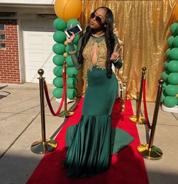 Mermaid Long Green Prom Dress With Gold Appliques Keyhole Front Tulle Long Sleeves Party Gowns vestido formatura longo de noite