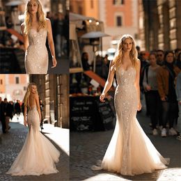 Sexy Berta 2021 Mermaid Beaded Wedding Dresses Spaghetti Neck Lace Appliqued Crystal Wedding Dress Bridal Gowns robes de mariée