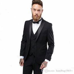 Latest Design One Button Black Groom Tuxedos Peak Lapel Groomsmen Best Man Mens Wedding Suits (Jacket+Pants+Vest+Tie) D:301