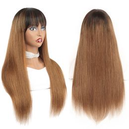 1B/30 Natural Hair Wig Brazilian Remy Straight Glueless Human Hair Wigs With Bangs Fringe For Black Women Blonde Ombre Non Lace Wig