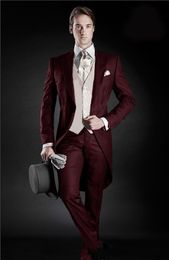 Morning Style One Button Wine Wedding Groom Tuxedos Peak Lapel Groomsmen Men Suits Prom Blazer (Jacket+Pants+Vest+Tie) NO:2099