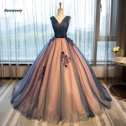 Abiye Colourful Tulle Ball Gowns Double V-neck Appliques Beaded Long Evening Dresses Vintage Evening Gowns Robe De Soiree