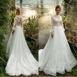 High-neck A Line Wedding Dresses Long Sleeves Full Appliqued Lace Bridal Dress Sweep Train Custom Made Bridal Dress Cheap