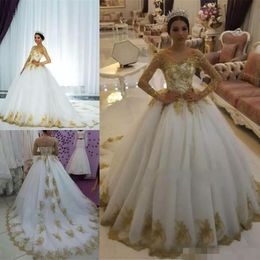 Bola mangas compridas vestido vestidos ilusão frisado cristal ouro rendas apliques árabe vestidos de casamento feito sob encomenda vestido de novia s