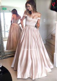 2019 Stylish Off Shoulder Blush Long Prom Dress New Arrival Sexy V Neckline Satin Party Gown Custom Made Plus Size