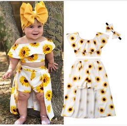 2020 Yaz Çocuk Kız Ayçiçeği Giysileri Kapalı Omuz Kırpma Üstleri Etekli Şort Bandı 3 adet Kıyafetler Çocuk Giyim Seti